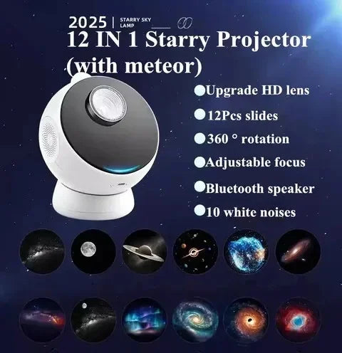 A white 12-in-1 star projector with a built-in Bluetooth speaker and various light patterns displayed below.