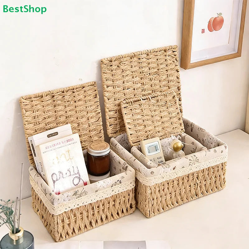A natural woven rattan storage basket with a lid is shown, designed for organizing items like toys and snacks.