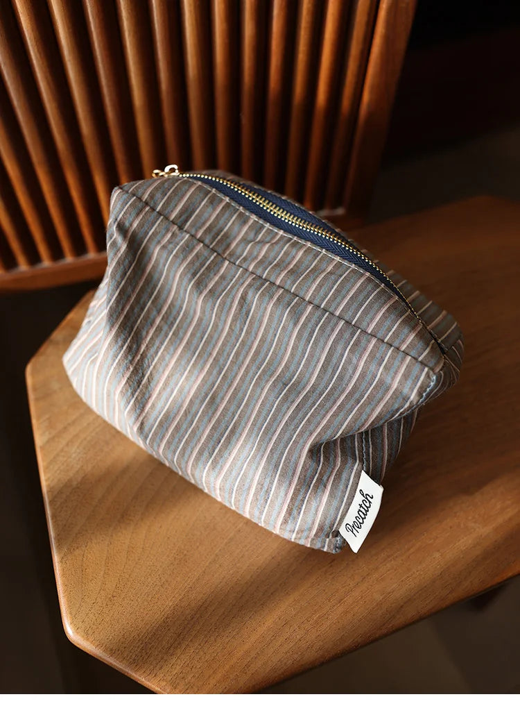 Checkered Striped Cosmetic Bag – Compact Travel Organizer