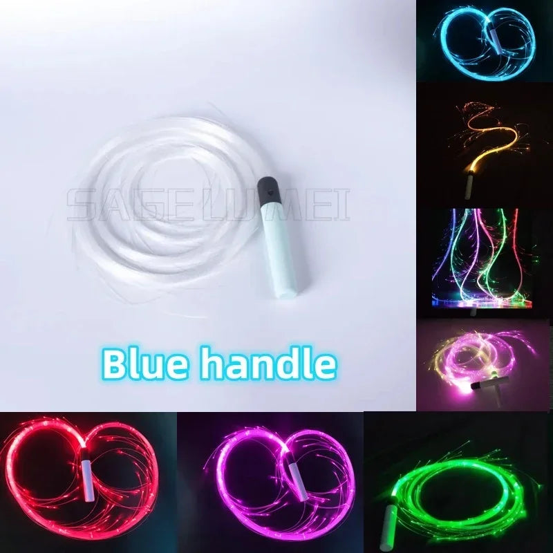 A collection of blue and pink LED fiber optic dance whips with various swirling light patterns.
