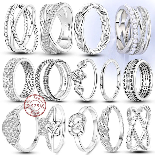 Colección de anillos de plata esterlina apilables con diseños como nudos celtas, diamantes pavé y texturizados