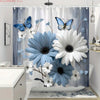 Blue & White Daisy Butterfly Shower Curtain with Hooks