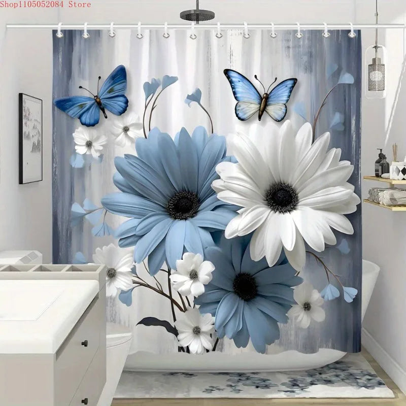 Blue & White Daisy Butterfly Shower Curtain with Hooks