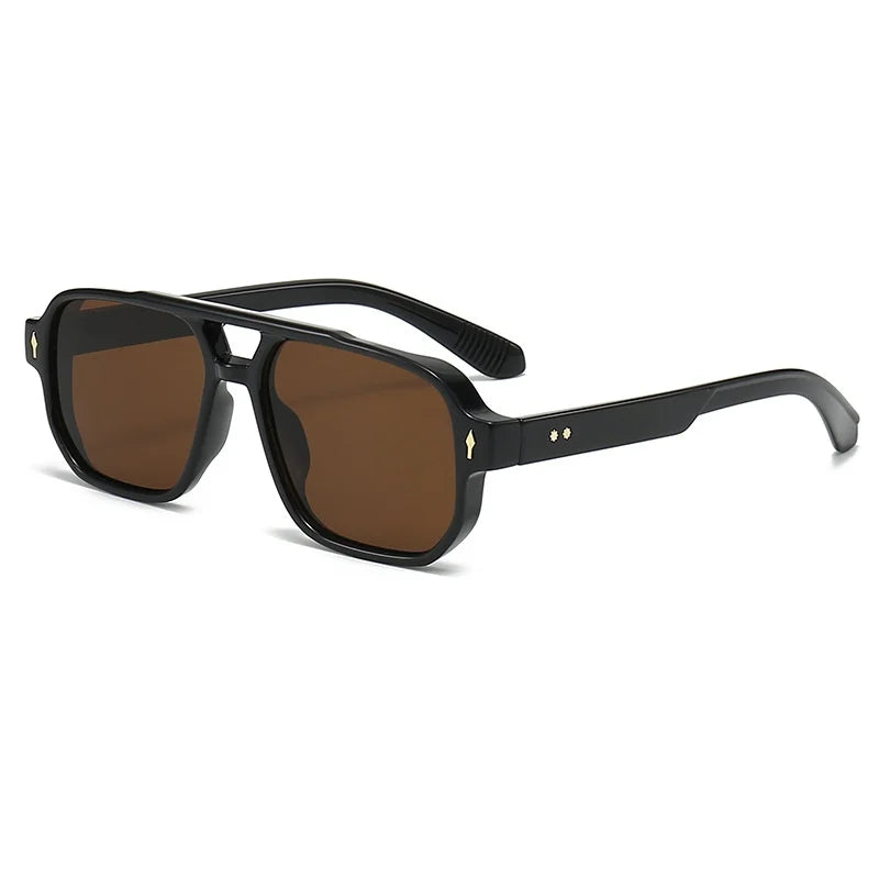 A pair of black retro double-bridge square sunglasses with brown tinted lenses.