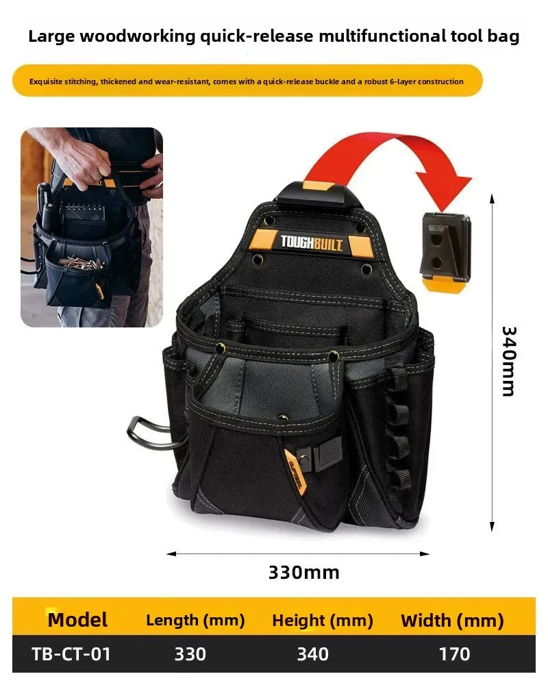 Black multifunctional tool bag featuring a quick-release buckle and robust construction