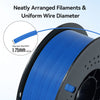 A close-up view of neatly arranged blue filaments with a uniform wire diameter, showing a filament dimension of 1.75mm.