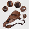A brown men's crossbody sling bag with leather accents and a visible USB port, shown from multiple angles.