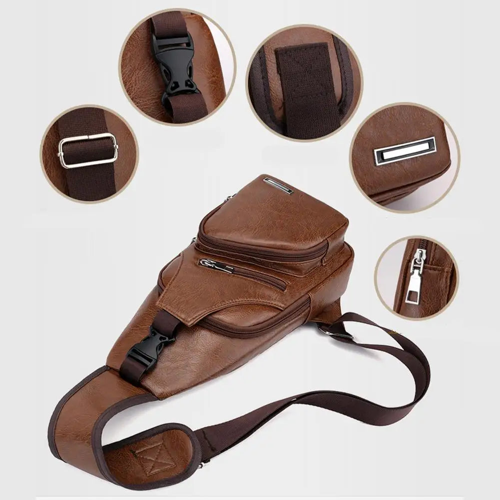 A brown men's crossbody sling bag with leather accents and a visible USB port, shown from multiple angles.
