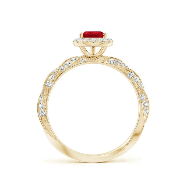 Pear-Cut Lab-Grown Ruby Halo Ring in Yellow Gold