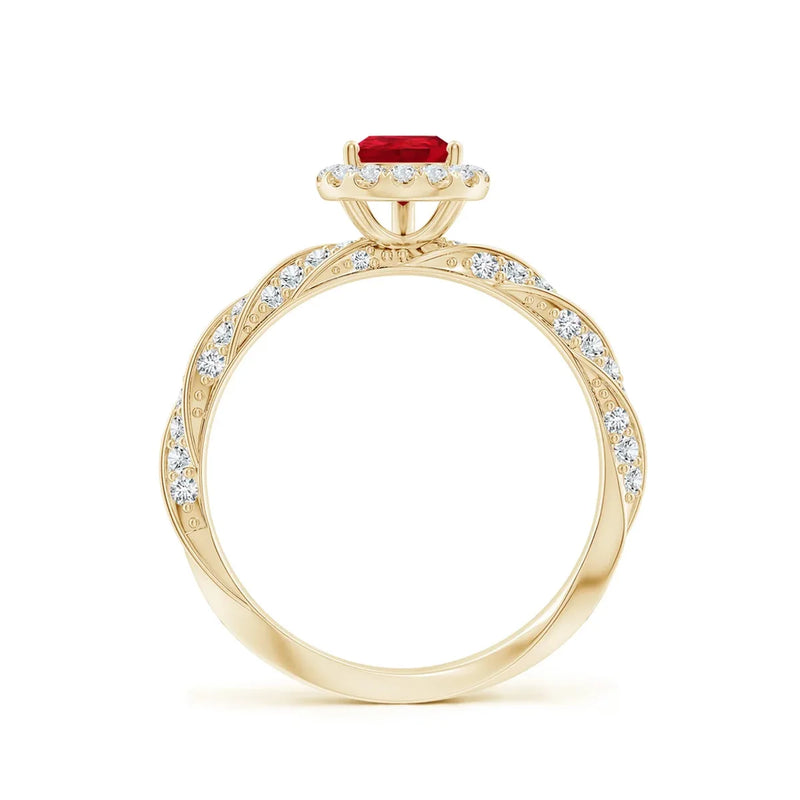 Pear-Cut Lab-Grown Ruby Halo Ring in Yellow Gold