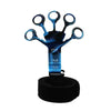 A blue adjustable finger strengthener tool with a black wrist strap and multiple fingers.