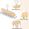 A wooden belt organizer rack featuring 14 rustproof metal hooks and a 360-degree rotating hook.