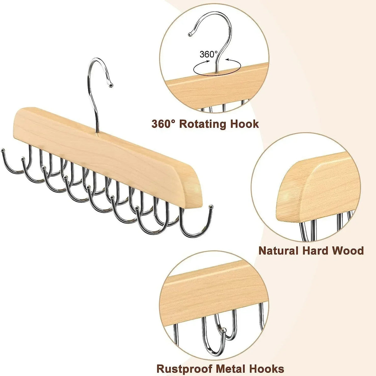 A wooden belt organizer rack featuring 14 rustproof metal hooks and a 360-degree rotating hook.