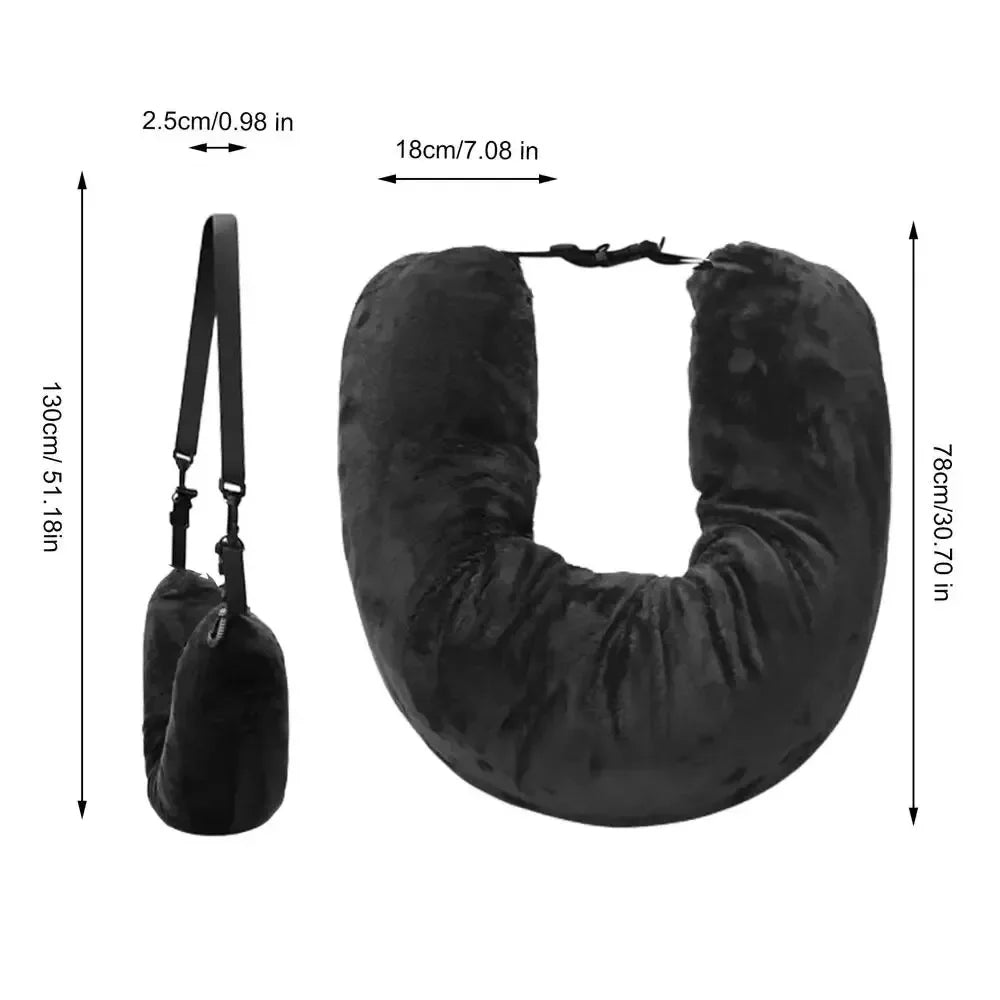 Black self-filling travel pillowcase organizer with luggage space shown from the side and top view.