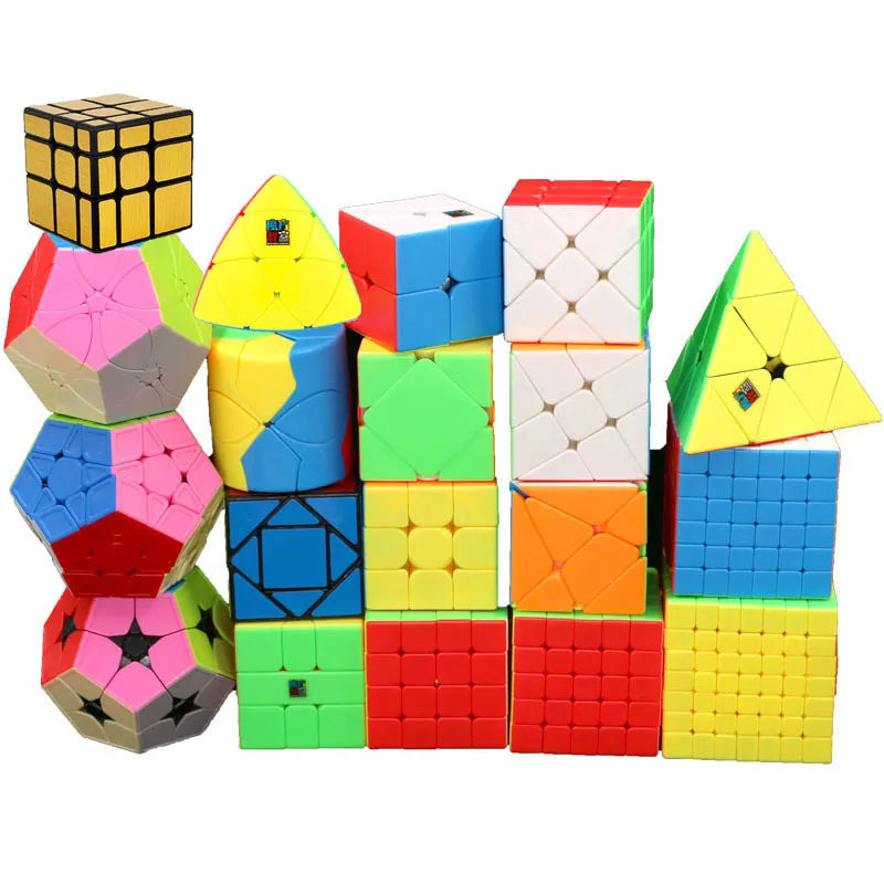 A collection of colorful wooden cubes and pyramids in various geometric shapes stacked together.