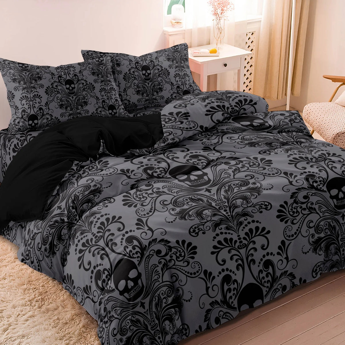 Gothic Skull Print Duvet Cover Set with Pillowcases - Soft Polyester Bedding for Adults