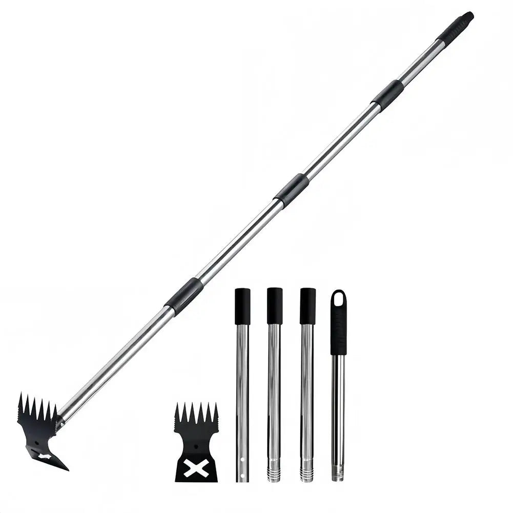 A long handle garden hoe and weed rake tool with a metal shaft and various attachments.