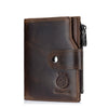 A dark brown genuine leather wallet with a zipper closure and a lion emblem.