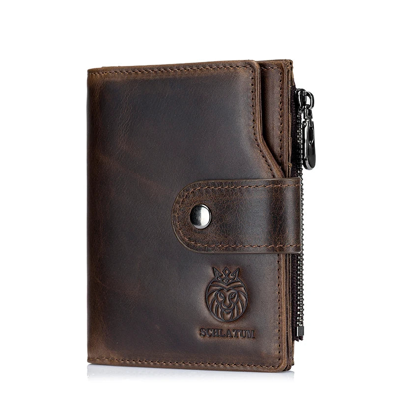 A dark brown genuine leather wallet with a zipper closure and a lion emblem.