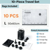 A 10-piece travel set including a vacuum storage bag, pump, nozzles, and accessories for vacuum sealing.
