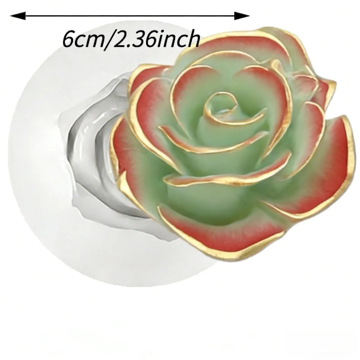 Moule en silicone en forme de rose, avec des couches vertes et rouges et des accents dorés.