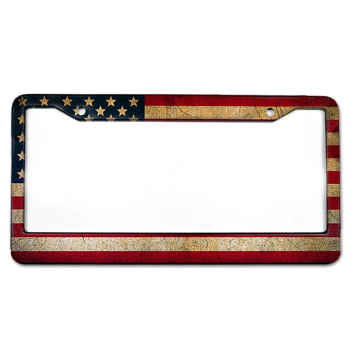 A rectangular license plate frame with a distressed finish featuring the American flag design.