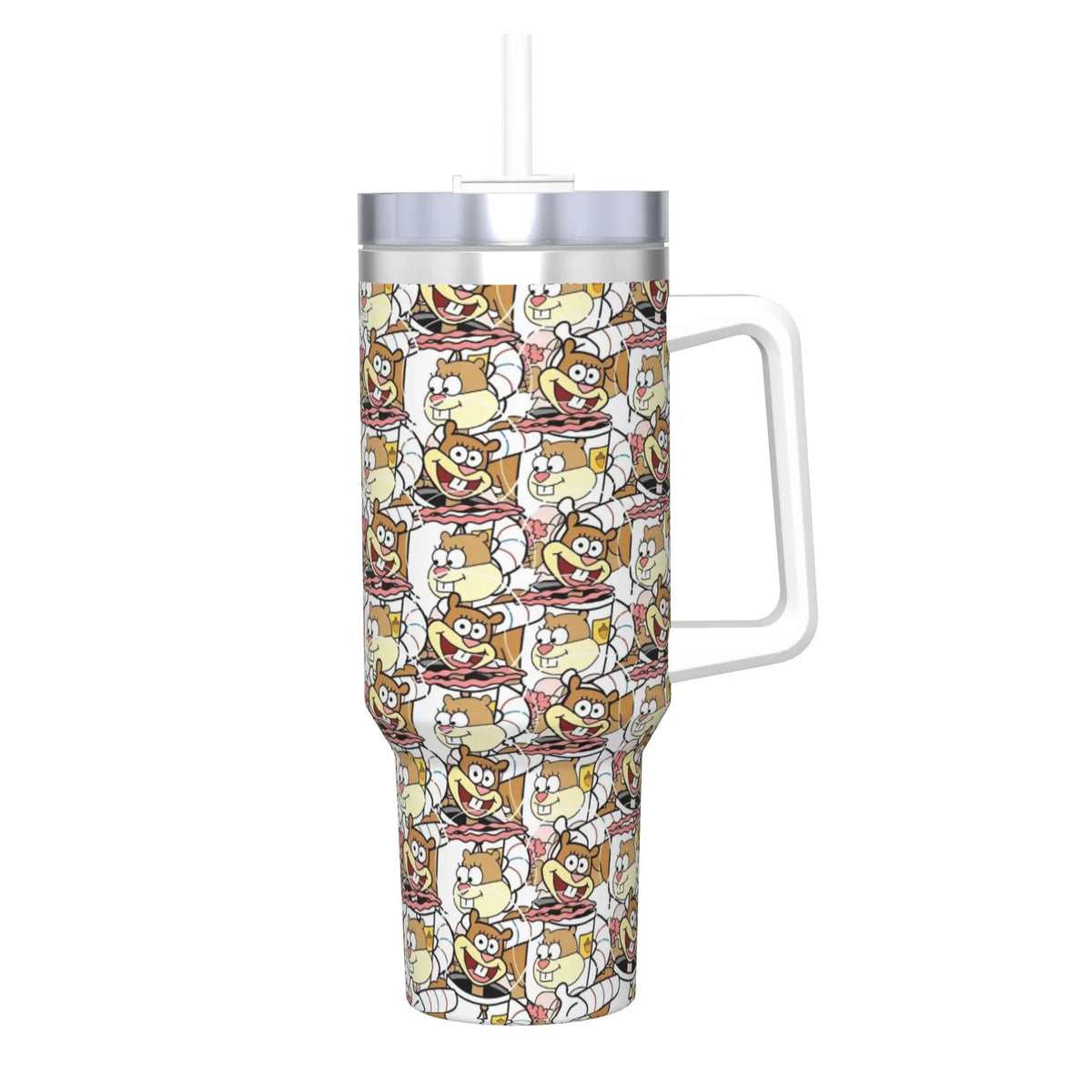 A stainless steel tumbler featuring a repeating pattern of SpongeBob SquarePants characters.