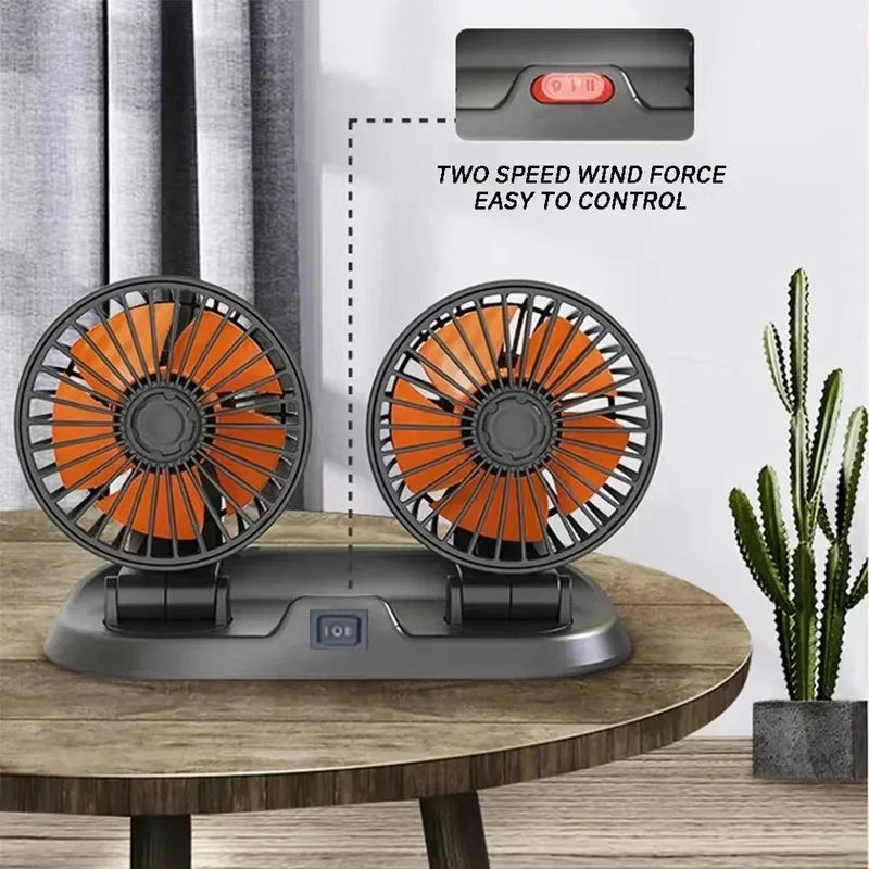 Dual-Head USB Car Fan with Adjustable Speed