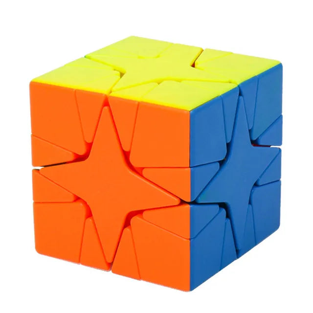 A colorful speed cube with four quadrants in yellow, orange, and blue.