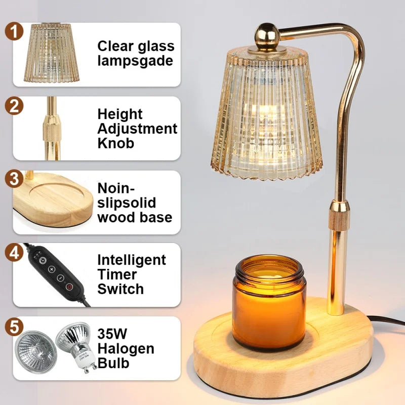 A brass electric candle warmer lamp with a clear glass lampshade and wooden base, featuring a timer switch and a halogen bulb