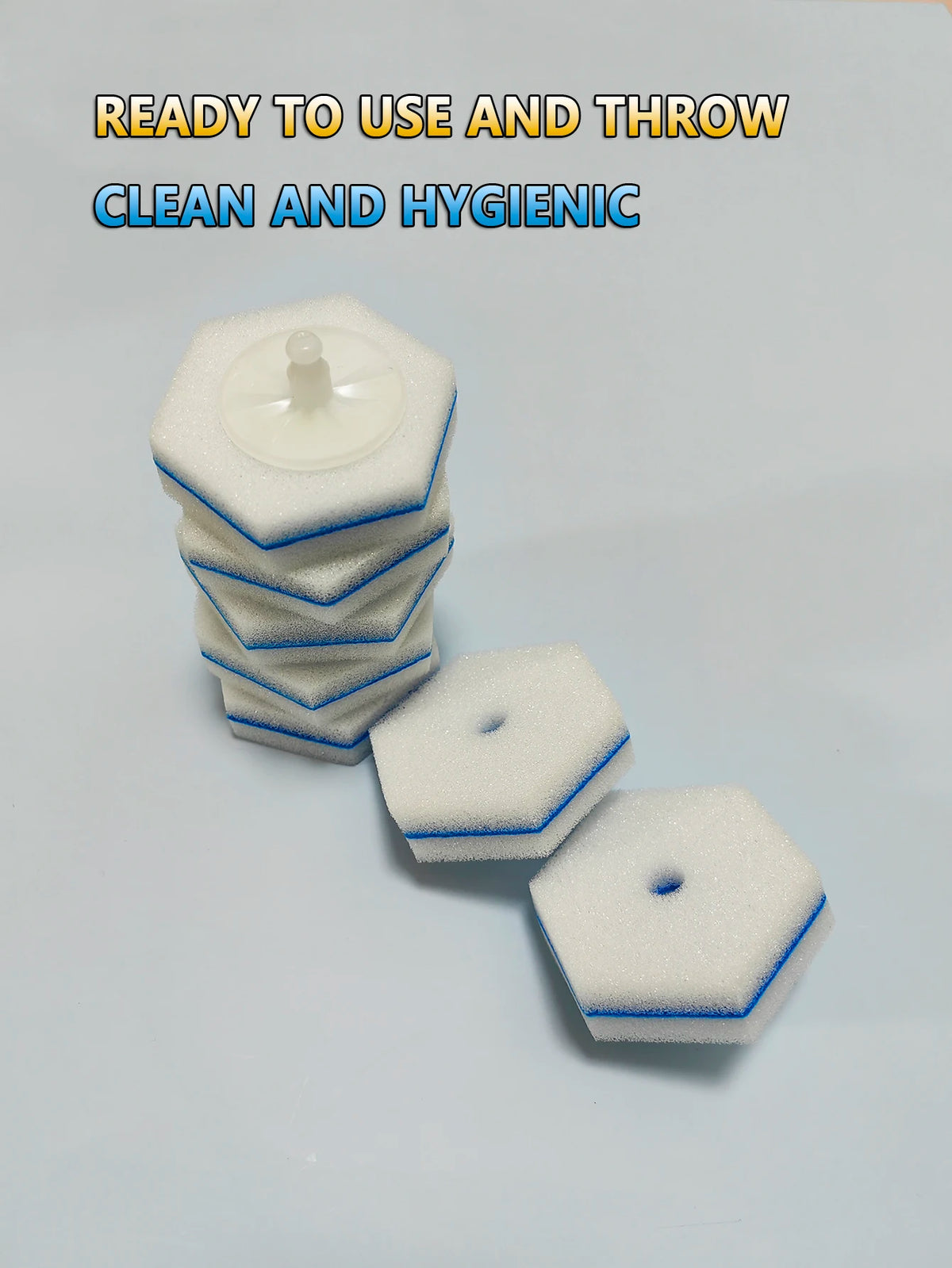 Stack of white disposable toilet cleaning wand refills with blue trim