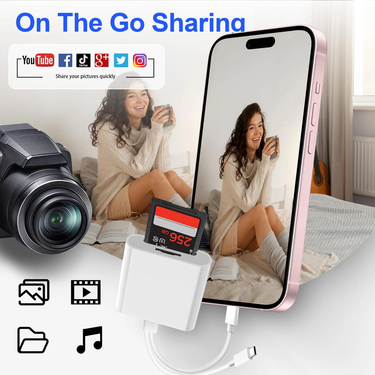 Un smartphone rose utilisé comme miroir pour afficher des photos prises par un appareil photo d'une personne allongée dans so