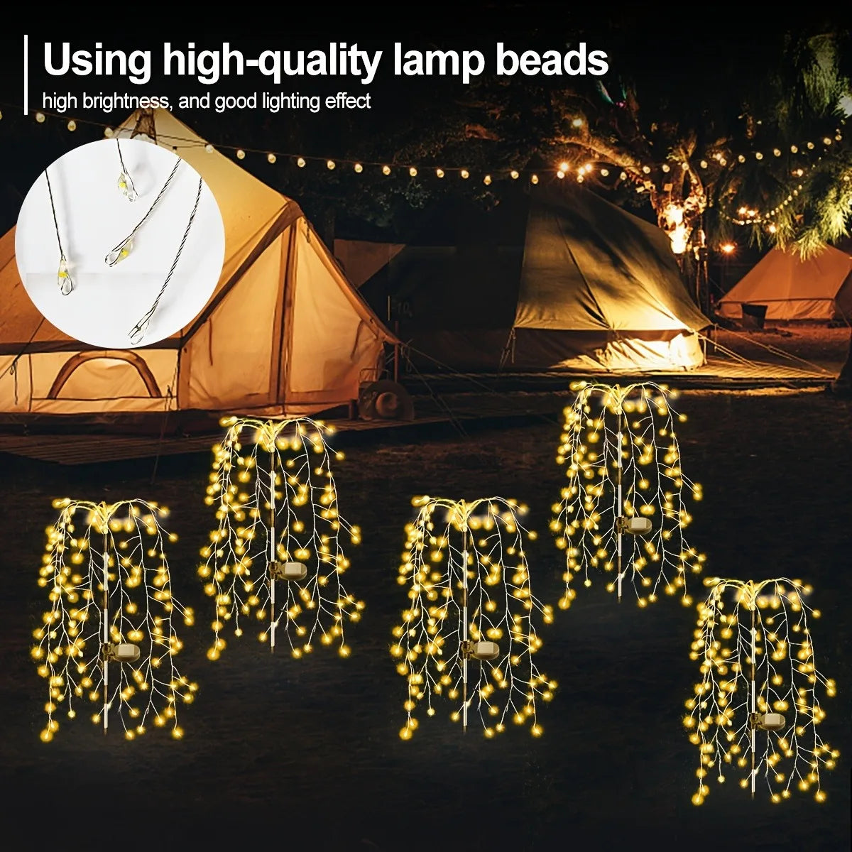 String lights made of high-quality lamp beads illuminating a nighttime outdoor scene with tents