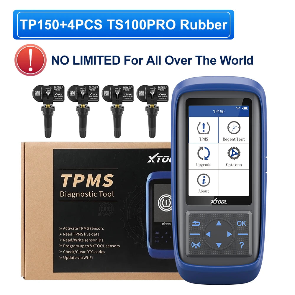 TP150 diagnostic tool with four rubber tips and an XTOOL box for programming sensors
