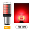 A close-up view of a cylindrical red LED light bulb with a silver base and a grid pattern, emitting bright red light.