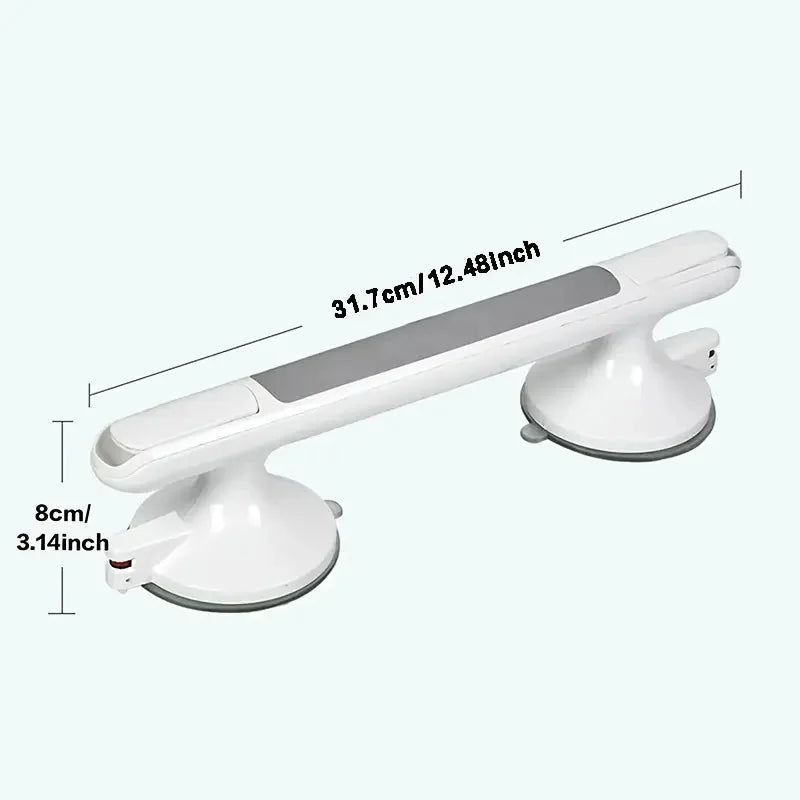 A white non-slip suction grab bar designed for bathroom safety, shown with dimensions.