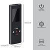 A black laser distance measurer device showing features like automatic shut-down, self-calibration, and quick measurement.