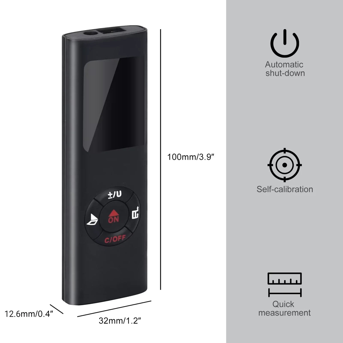 A black laser distance measurer device showing features like automatic shut-down, self-calibration, and quick measurement.