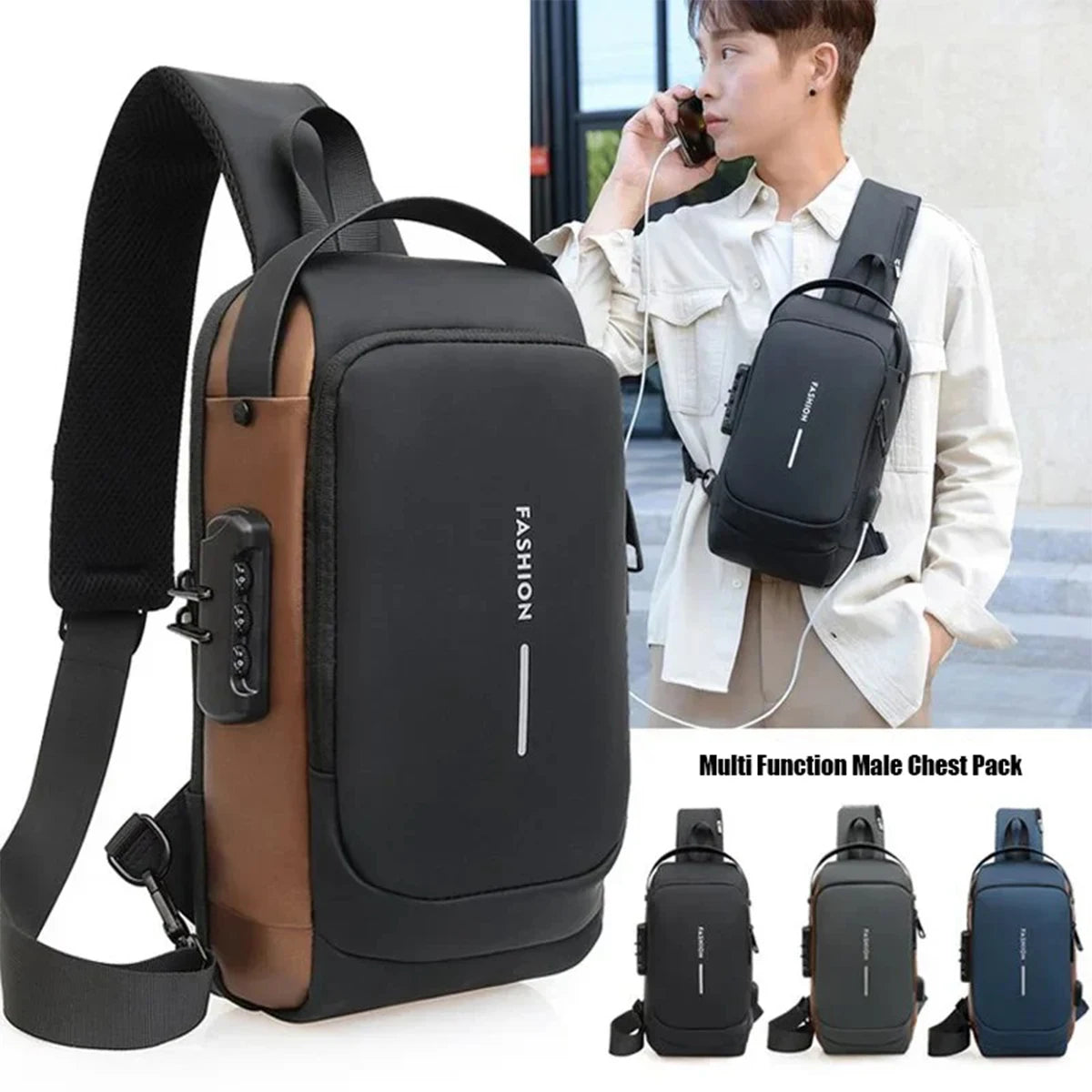 Men's Waterproof Anti-Theft Crossbody Bag with USB Charging Port