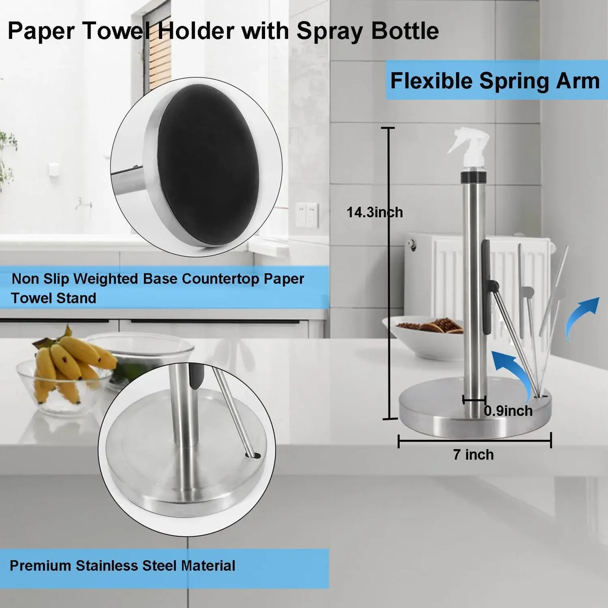 Stainless steel paper towel holder with a flexible spring arm and built-in spray bottle on a countertop.