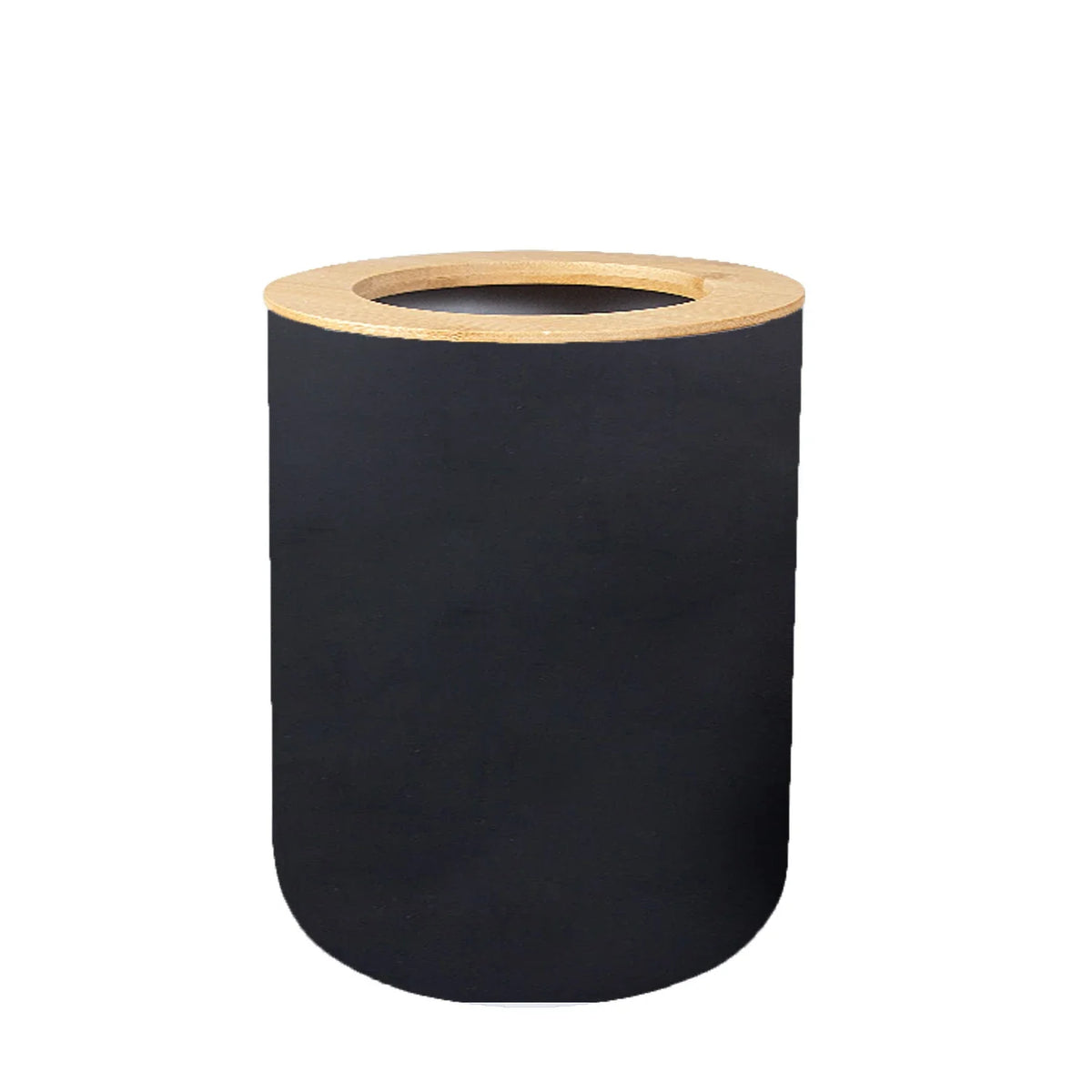 A black cylindrical bathroom organizer set with a bamboo top and soap dispenser.