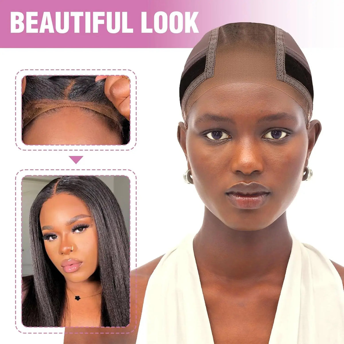 A model showcases a beautiful look with a lace wig grip cap, demonstrating the product's fit and style.