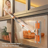 A double-sided window cleaning tool with an extension rod and squeegee is shown in use on a window pane.