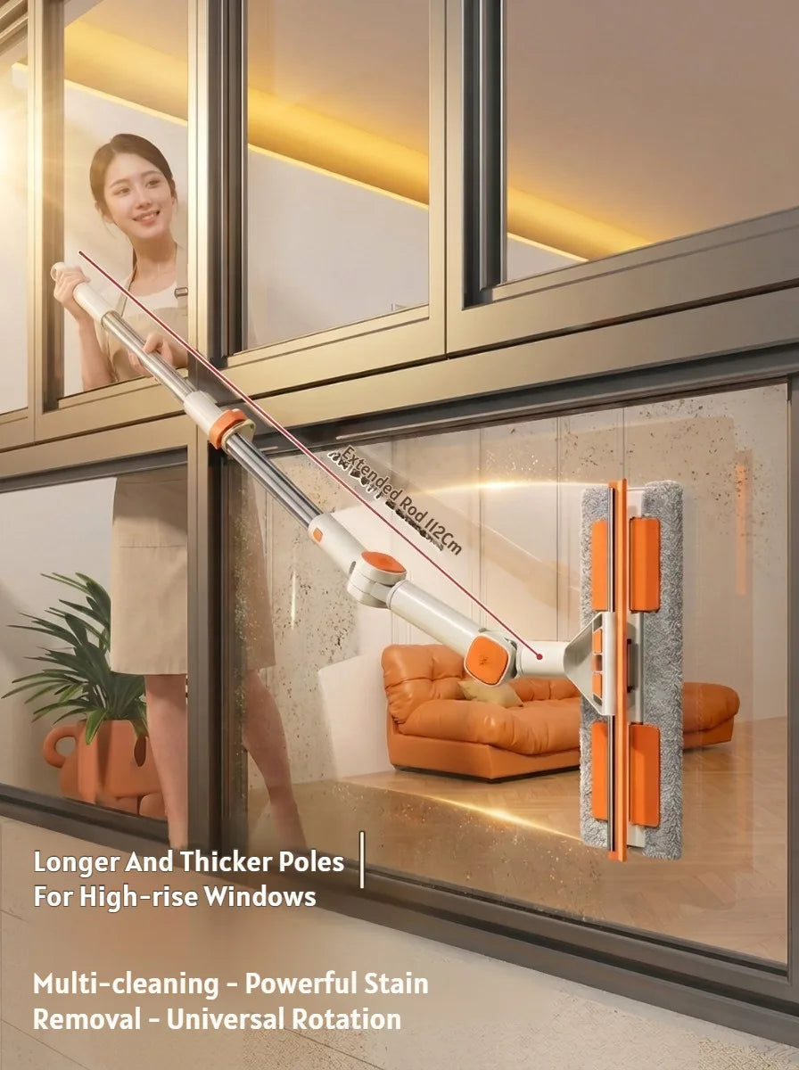 A double-sided window cleaning tool with an extension rod and squeegee is shown in use on a window pane.