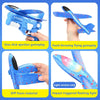 A blue foam glider plane launcher toy for kids showing various gameplay features like ejection and throwing.