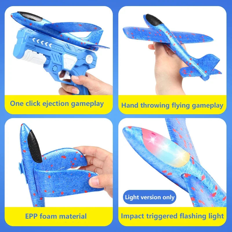 A blue foam glider plane launcher toy for kids showing various gameplay features like ejection and throwing.