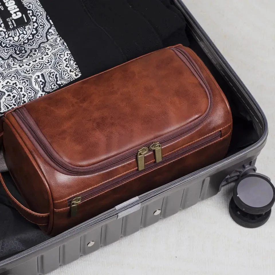 Hanging Leather Toiletry Bag with Durable Water-Resistant Design