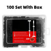 A clear plastic box containing a set of 100 self-locking nylon cable tie buckles.