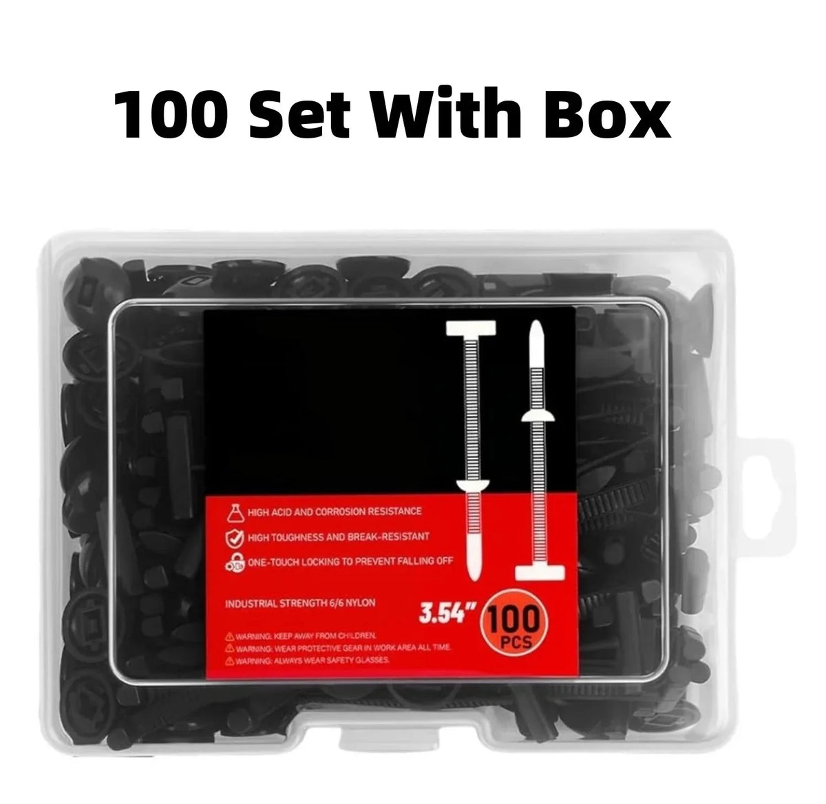 A clear plastic box containing a set of 100 self-locking nylon cable tie buckles.