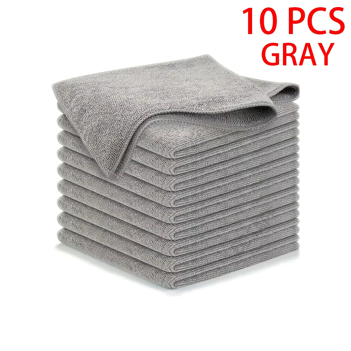 A stack of ten gray ultra-fine microfiber cleaning cloths.